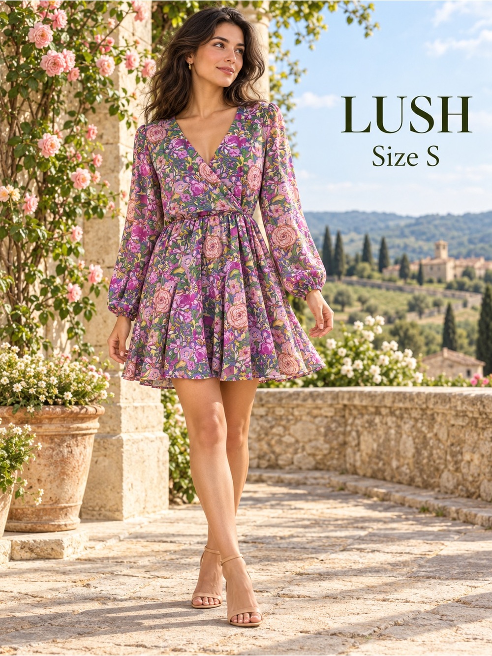 LUSH Purple Floral Long Sleeve Faux Wrap Mini Dress Size S